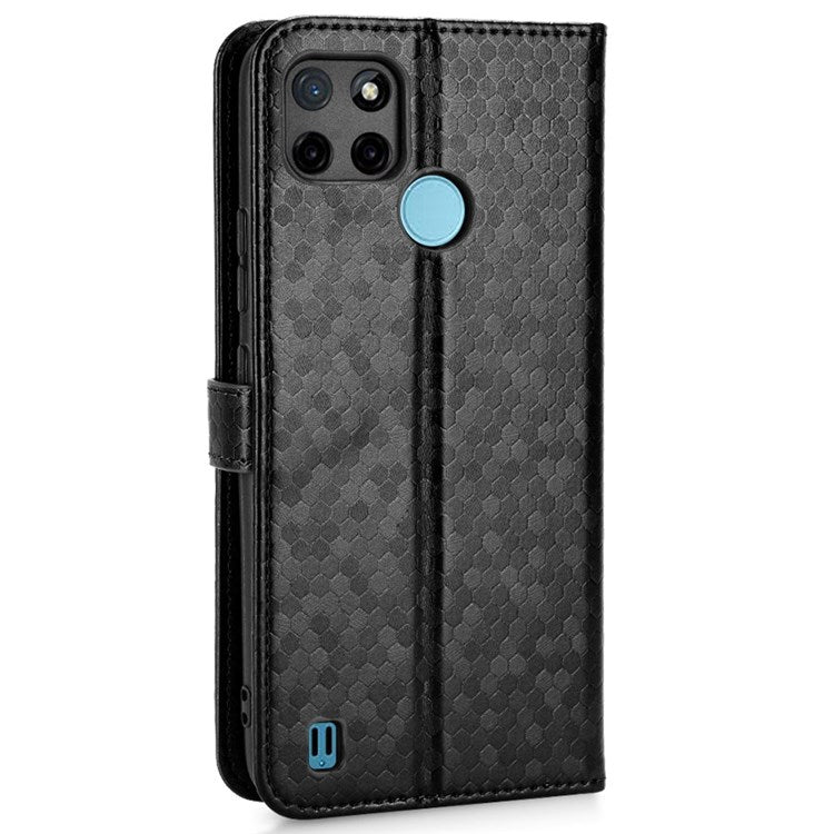Dot Pattern Imprinted Case for Realme C21Y / C25Y Wallet Phone Case Shockproof PU Leather Cover with Strap - Black