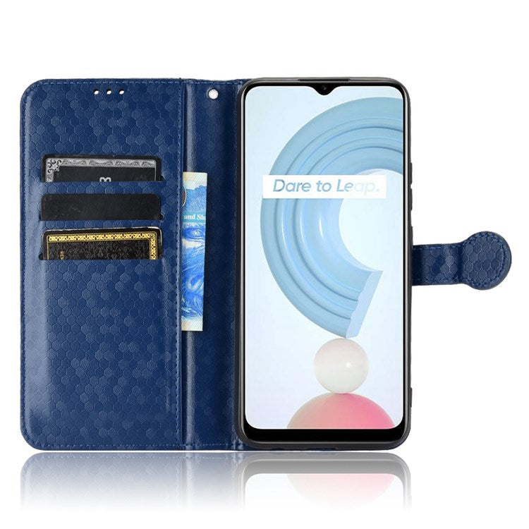 Dot Pattern Imprinted Case for Realme C21Y / C25Y Wallet Phone Case Shockproof PU Leather Cover with Strap - Dark Blue