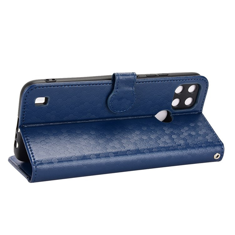 Dot Pattern Imprinted Case for Realme C21Y / C25Y Wallet Phone Case Shockproof PU Leather Cover with Strap - Dark Blue