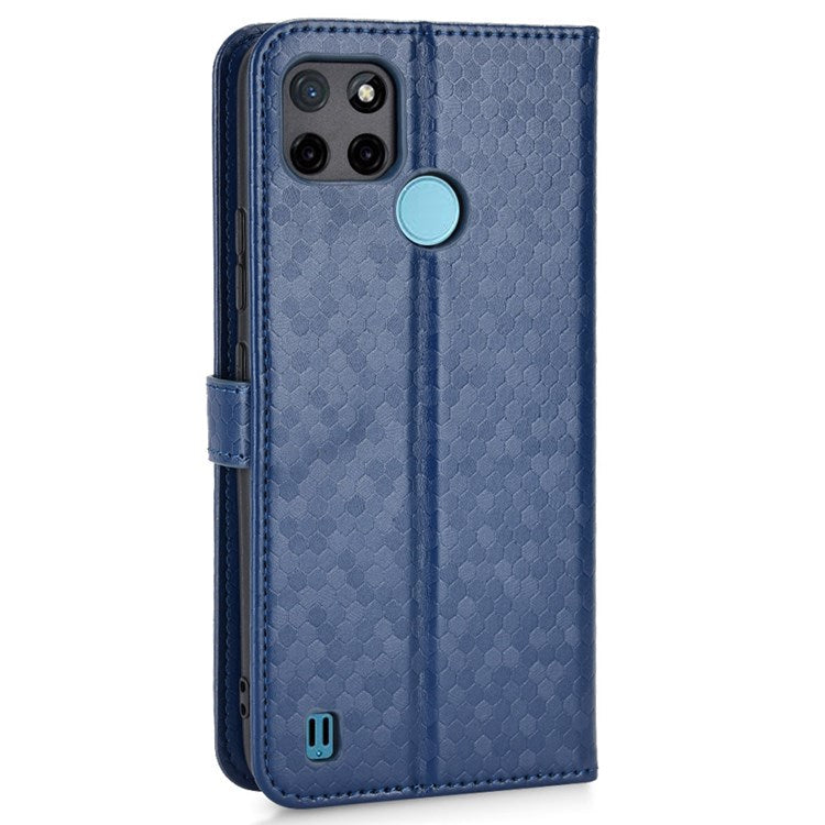 Dot Pattern Imprinted Case for Realme C21Y / C25Y Wallet Phone Case Shockproof PU Leather Cover with Strap - Dark Blue