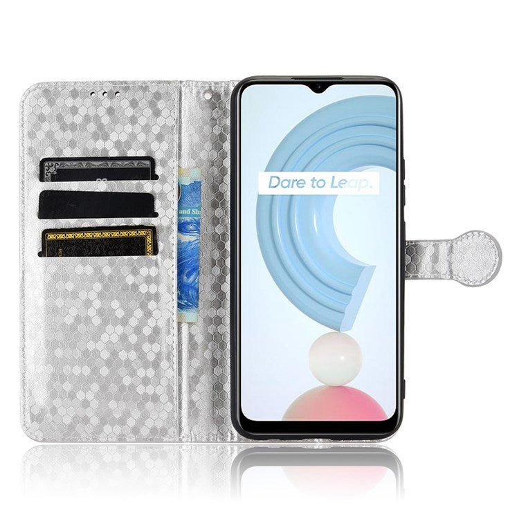 Dot Pattern Imprinted Case for Realme C21Y / C25Y Wallet Phone Case Shockproof PU Leather Cover with Strap - Silver