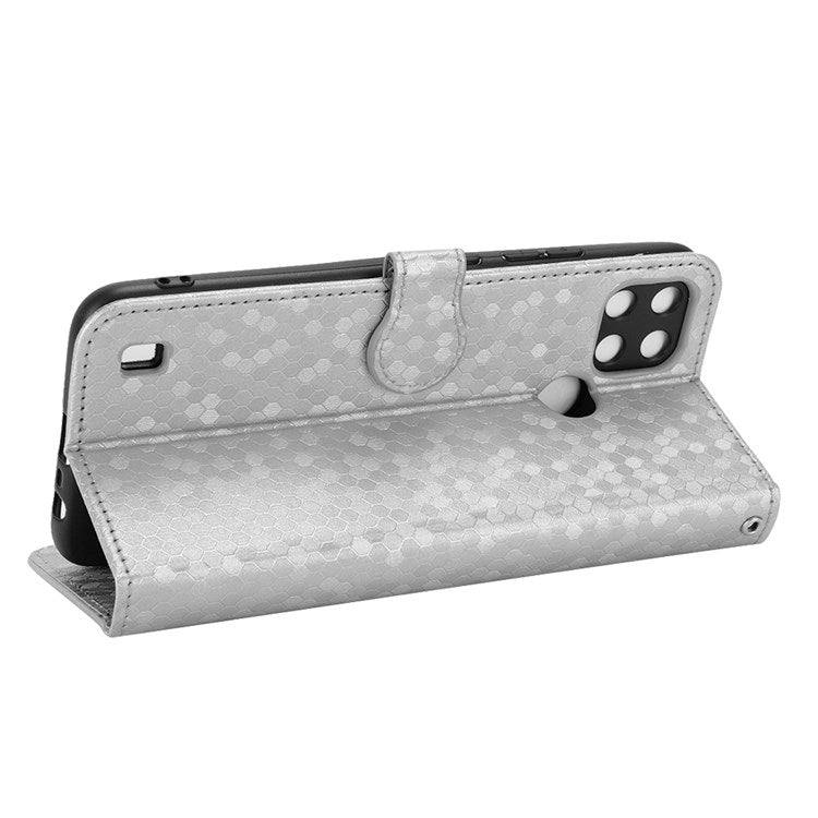 Dot Pattern Imprinted Case for Realme C21Y / C25Y Wallet Phone Case Shockproof PU Leather Cover with Strap - Silver