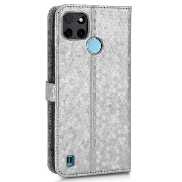 Dot Pattern Imprinted Case for Realme C21Y / C25Y Wallet Phone Case Shockproof PU Leather Cover with Strap - Silver