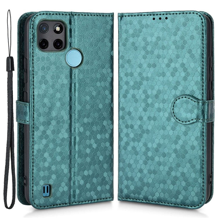 Dot Pattern Imprinted Case for Realme C21Y / C25Y Wallet Phone Case Shockproof PU Leather Cover with Strap - Green