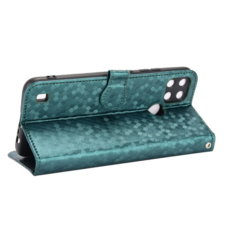Dot Pattern Imprinted Case for Realme C21Y / C25Y Wallet Phone Case Shockproof PU Leather Cover with Strap - Green