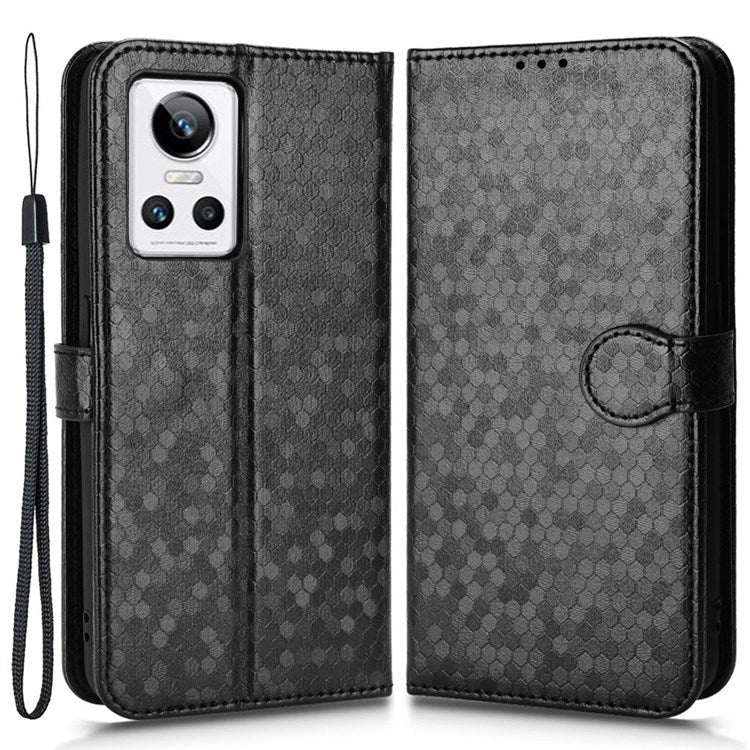Anti-Drop Case for Realme GT Neo3 PU Leather Wallet Phone Case Dot Pattern Imprinted Scratch-Proof Folio Flip Cover with Strap - Black