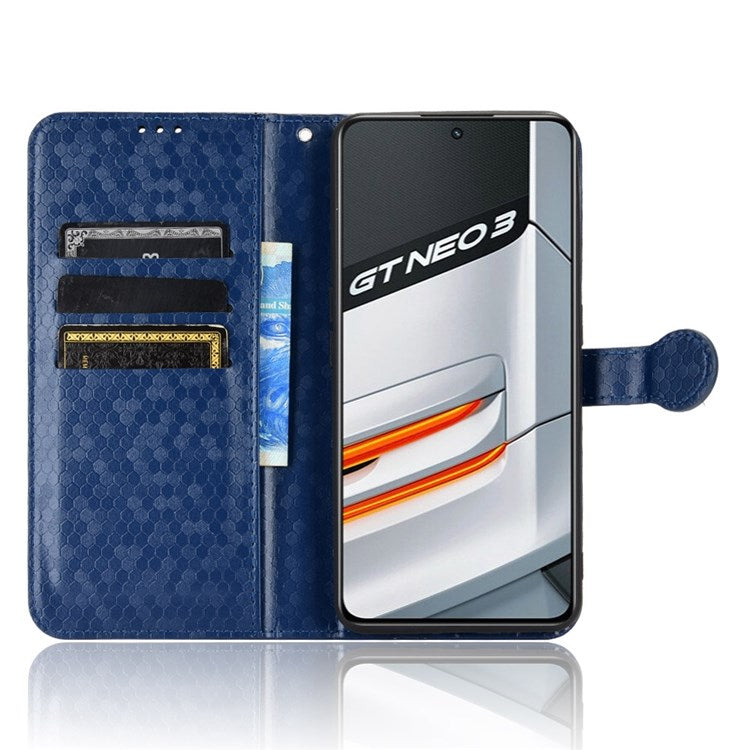 Anti-Drop Case for Realme GT Neo3 PU Leather Wallet Phone Case Dot Pattern Imprinted Scratch-Proof Folio Flip Cover with Strap - Dark Blue