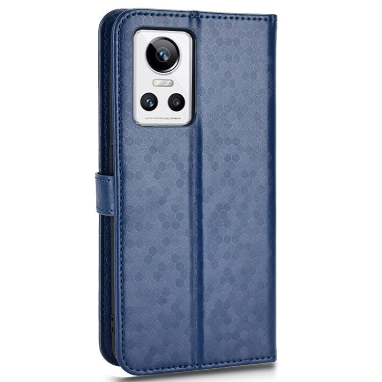 Anti-Drop Case for Realme GT Neo3 PU Leather Wallet Phone Case Dot Pattern Imprinted Scratch-Proof Folio Flip Cover with Strap - Dark Blue
