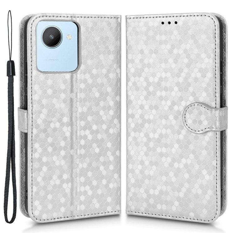 Anti-Scratch Wallet Phone Case for Realme C30 4G Dot Pattern Imprinted PU Leather Protective Folio Flip Cover with Strap - Silver