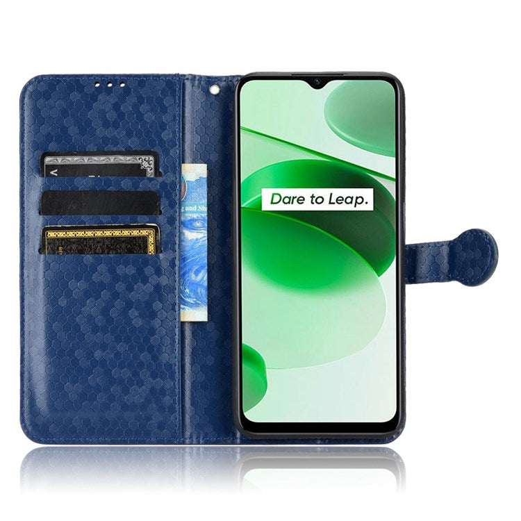 Protective Case for Realme C35 Dot Pattern Imprinted PU Leather Folio Flip Cover Wallet Phone Case with Strap - Dark Blue
