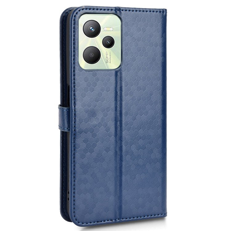 Protective Case for Realme C35 Dot Pattern Imprinted PU Leather Folio Flip Cover Wallet Phone Case with Strap - Dark Blue