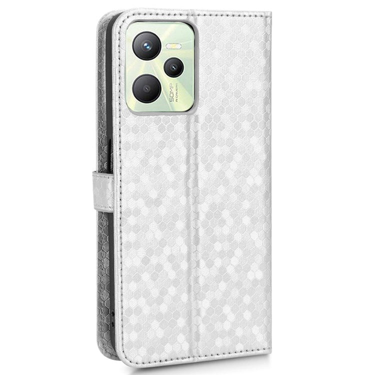 Protective Case for Realme C35 Dot Pattern Imprinted PU Leather Folio Flip Cover Wallet Phone Case with Strap - Silver