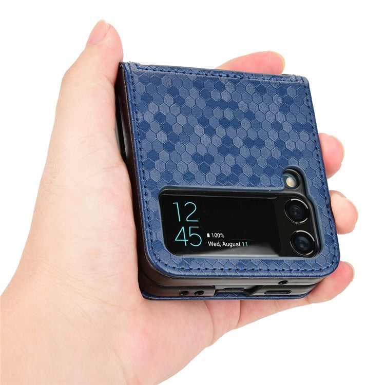 For Samsung Galaxy Z Flip3 5G Imprinted Dot Pattern PU Leather Phone Case Card Slot Design Flip Cell Phone Cover - Dark Blue