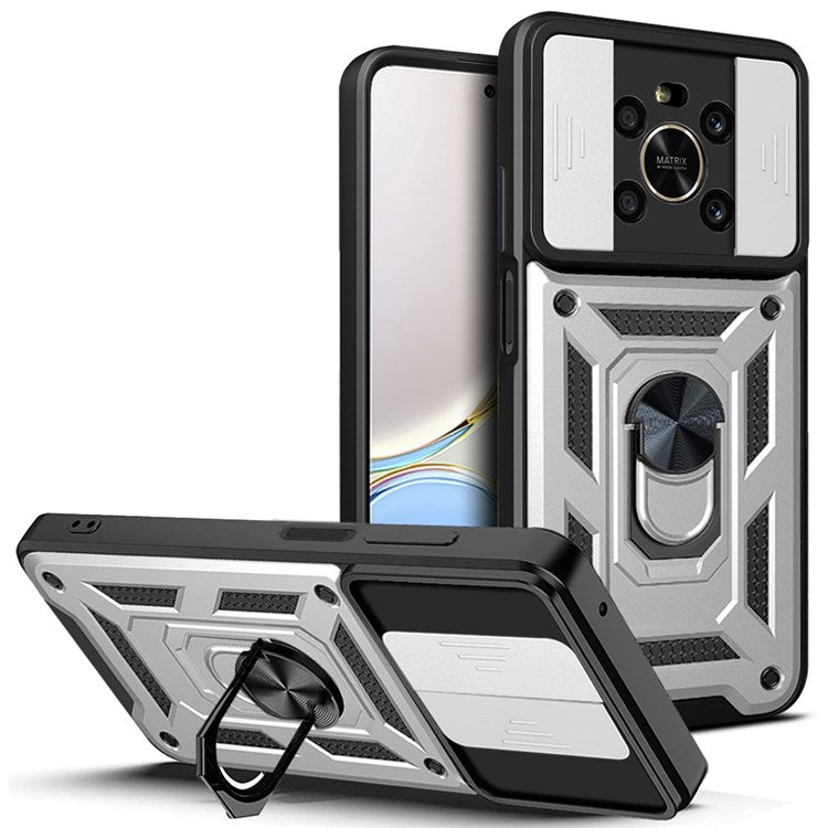 For Honor X9 4G / 5G Impact Resistant Cell Phone Shell Kickstand PC + TPU Hybrid Cover Slide Camera Protection Phone Case - Silver