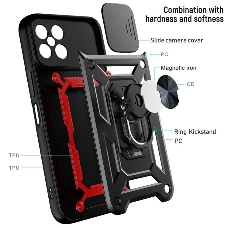 For Honor X8 4G Bump Proof Cell Phone Shell Kickstand PC + TPU Hybrid Cover Slide Camera Protection Phone Case - Red