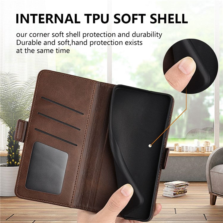 For Honor X40i 5G Shockproof Double Magnetic Clasp Phone Cover Anti-drop Textured PU Leather TPU Case with Wallet Stand - Brown