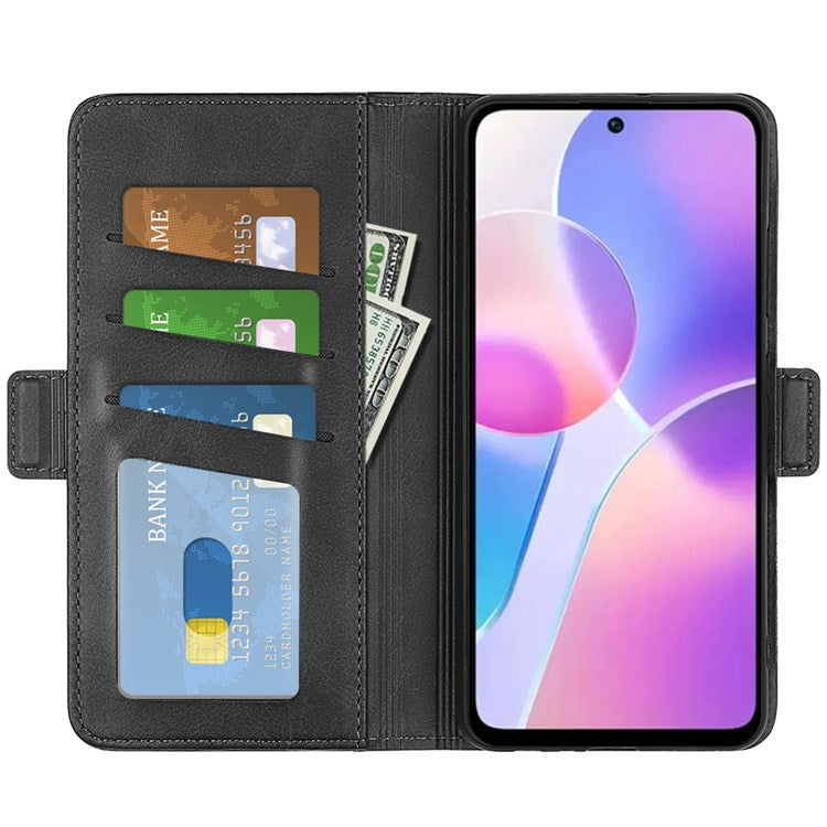 For Honor X40i 5G Shockproof Double Magnetic Clasp Phone Cover Anti-drop Textured PU Leather TPU Case with Wallet Stand - Black