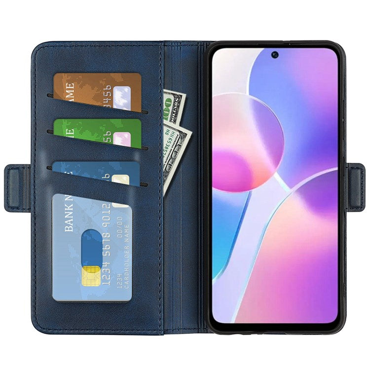 For Honor X40i 5G Shockproof Double Magnetic Clasp Phone Cover Anti-drop Textured PU Leather TPU Case with Wallet Stand - Blue