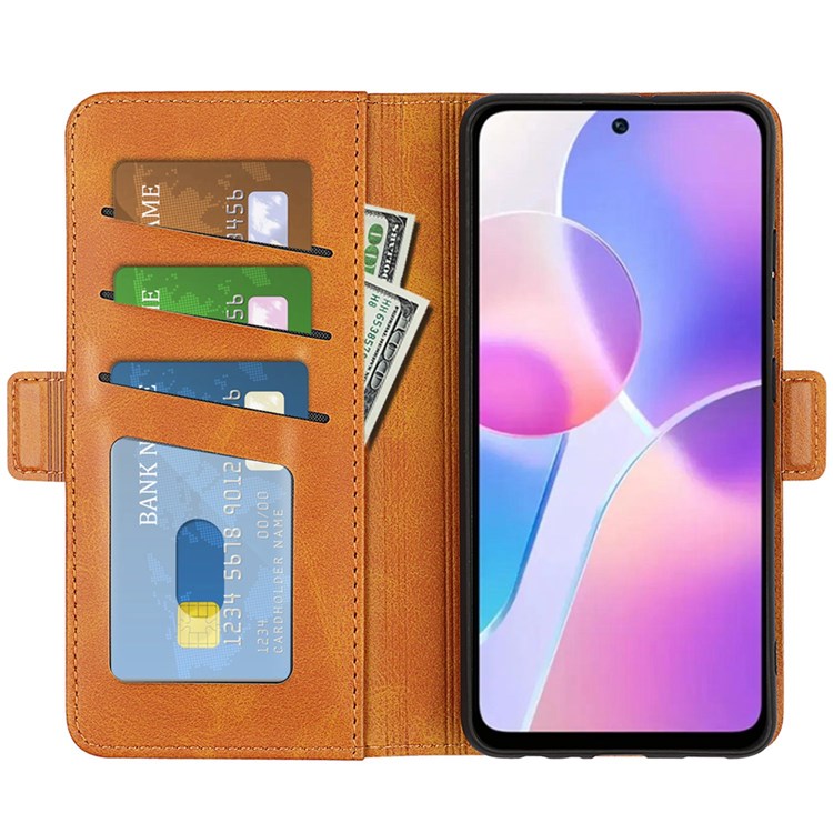 For Honor X40i 5G Shockproof Double Magnetic Clasp Phone Cover Anti-drop Textured PU Leather TPU Case with Wallet Stand - Yellow