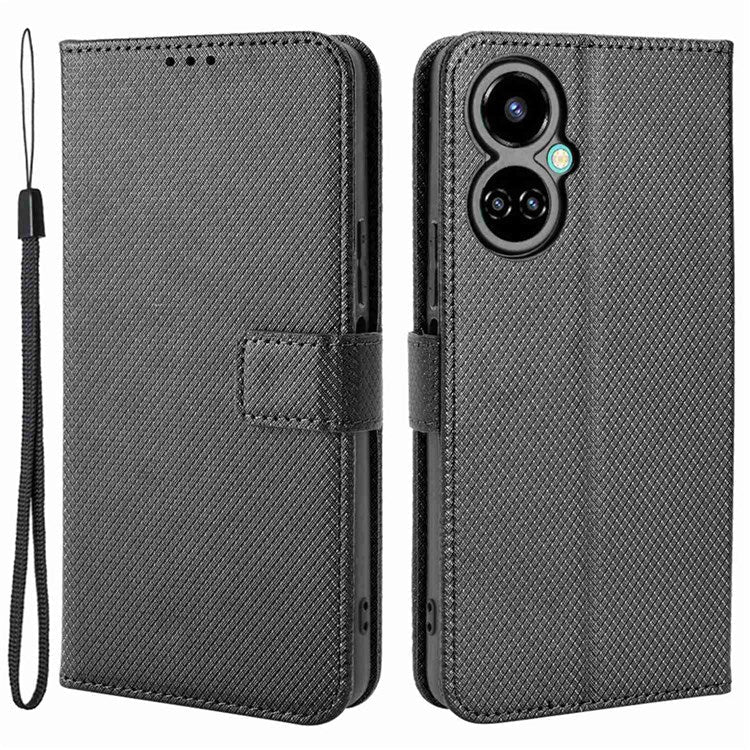 For TECNO Camon 19 4G Phone Flip Wallet Case Overall Coverage Diamond Texture PU Leather Cover Stand Card Holder with Wrist Strap - Black
