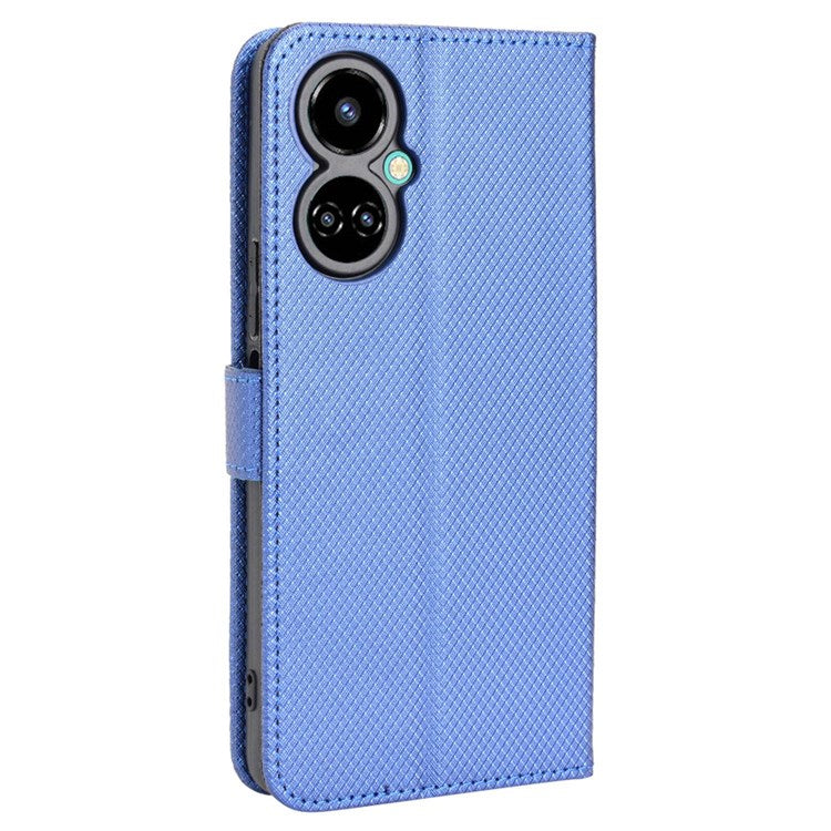 For TECNO Camon 19 4G Phone Flip Wallet Case Overall Coverage Diamond Texture PU Leather Cover Stand Card Holder with Wrist Strap - Blue