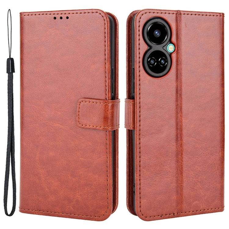 For TECNO Camon 19 4G Shockproof Cell Phone Wallet Case Crazy Horse Texture PU Leather+TPU Stand Cover Protective Shell - Brown