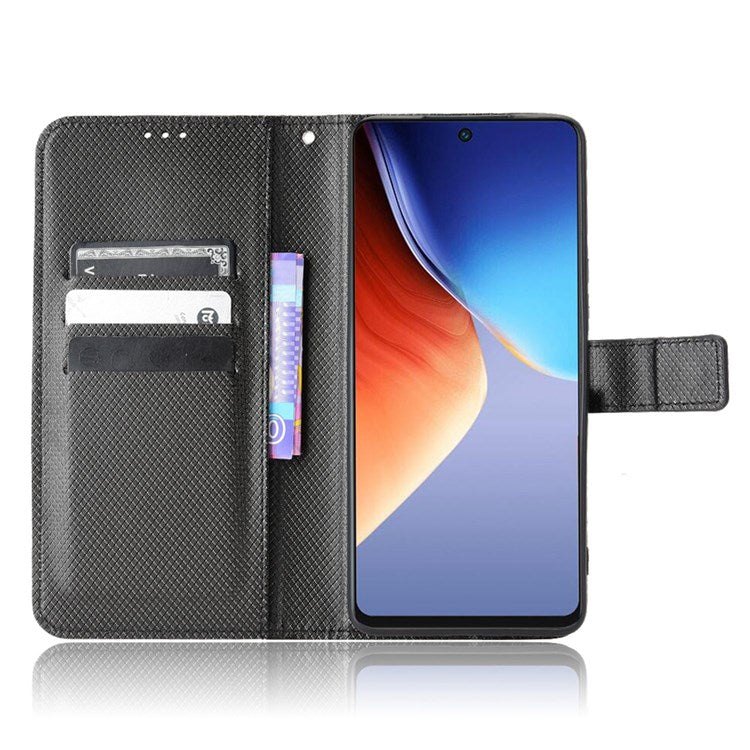 For TECNO Camon 19 Pro 4G Flip Wallet Case Diamond Texture PU Leather Cover Stand Card Holder with Wrist Strap - Black