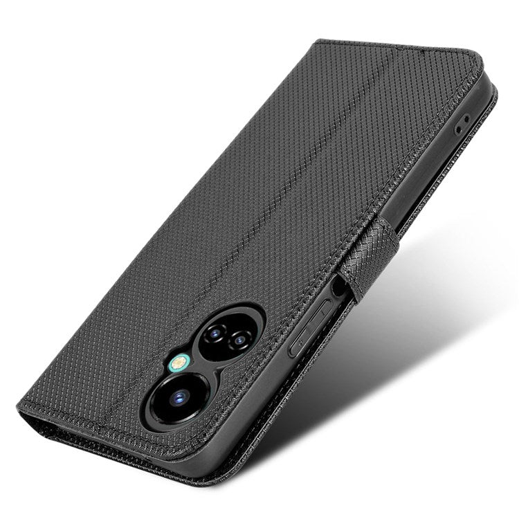 For TECNO Camon 19 Pro 4G Flip Wallet Case Diamond Texture PU Leather Cover Stand Card Holder with Wrist Strap - Black