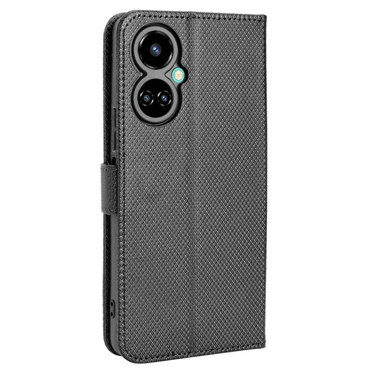For TECNO Camon 19 Pro 4G Flip Wallet Case Diamond Texture PU Leather Cover Stand Card Holder with Wrist Strap - Black