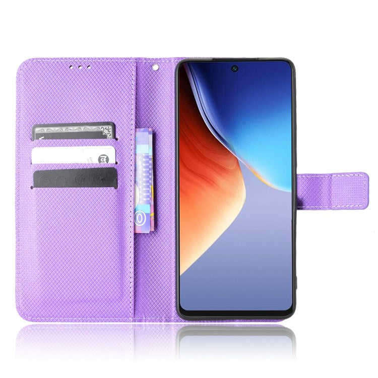 For TECNO Camon 19 Pro 4G Flip Wallet Case Diamond Texture PU Leather Cover Stand Card Holder with Wrist Strap - Purple