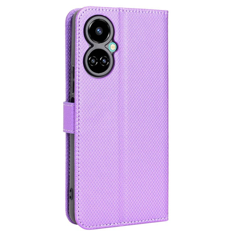 For TECNO Camon 19 Pro 4G Flip Wallet Case Diamond Texture PU Leather Cover Stand Card Holder with Wrist Strap - Purple
