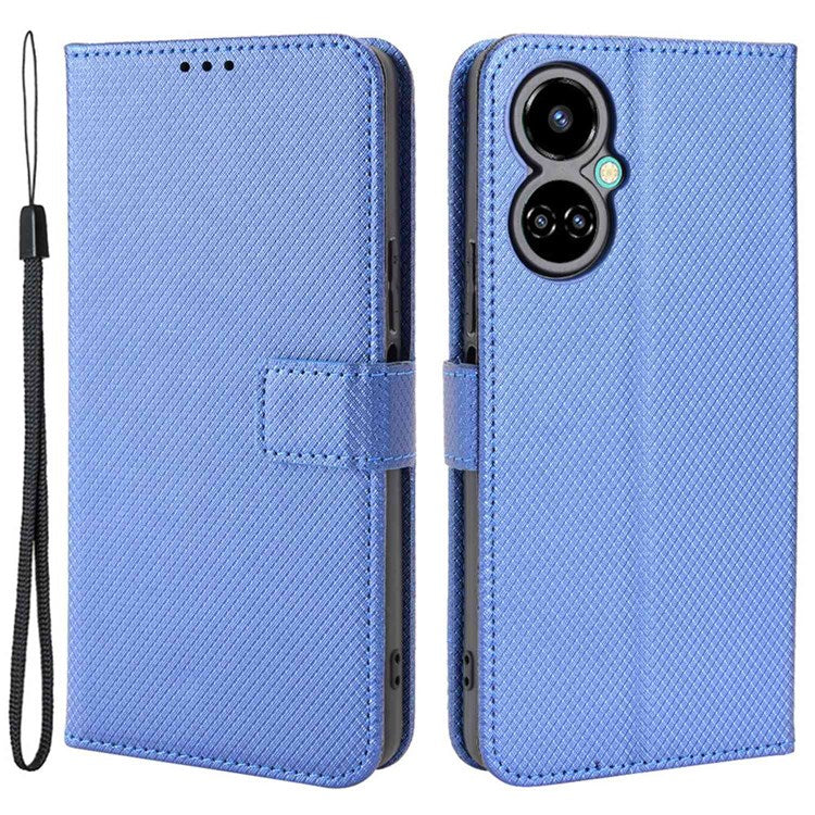 For TECNO Camon 19 Pro 4G Flip Wallet Case Diamond Texture PU Leather Cover Stand Card Holder with Wrist Strap - Blue