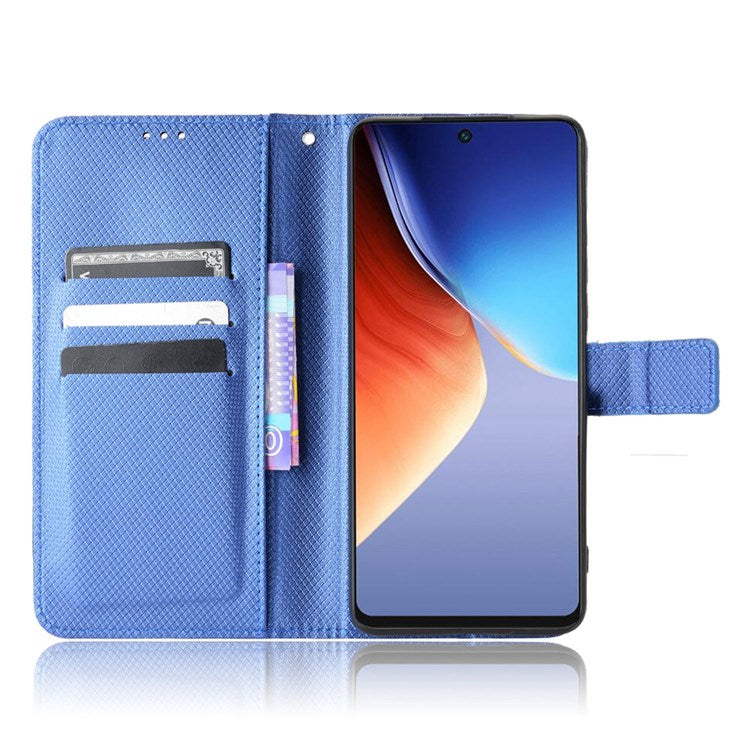 For TECNO Camon 19 Pro 4G Flip Wallet Case Diamond Texture PU Leather Cover Stand Card Holder with Wrist Strap - Blue