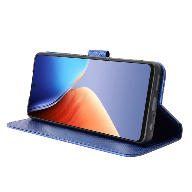 For TECNO Camon 19 Pro 4G Flip Wallet Case Diamond Texture PU Leather Cover Stand Card Holder with Wrist Strap - Blue