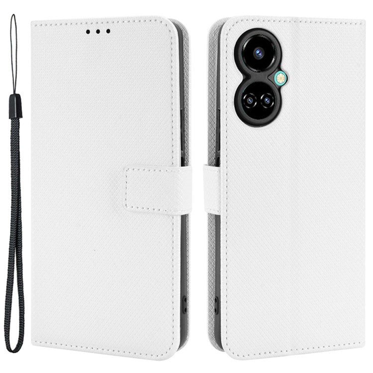 For TECNO Camon 19 Pro 4G Flip Wallet Case Diamond Texture PU Leather Cover Stand Card Holder with Wrist Strap - White