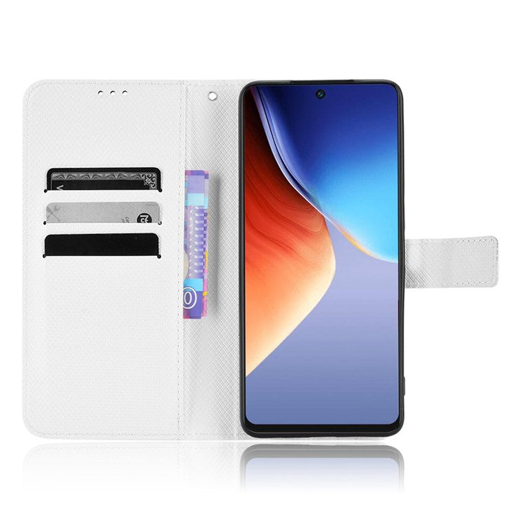 For TECNO Camon 19 Pro 4G Flip Wallet Case Diamond Texture PU Leather Cover Stand Card Holder with Wrist Strap - White