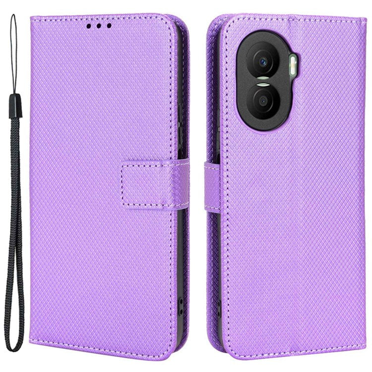 For Honor X40i 5G / Play7T Pro 5G Drop-proof Phone Flip Wallet Case Well-protected Diamond Texture PU Leather Cover Stand Card Holder with Wrist Strap - Purple