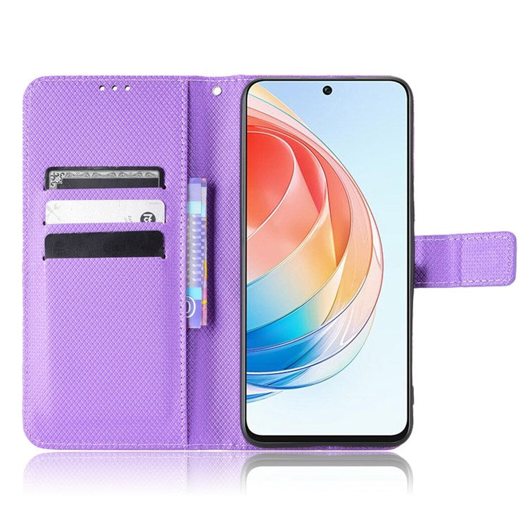For Honor X40i 5G / Play7T Pro 5G Drop-proof Phone Flip Wallet Case Well-protected Diamond Texture PU Leather Cover Stand Card Holder with Wrist Strap - Purple