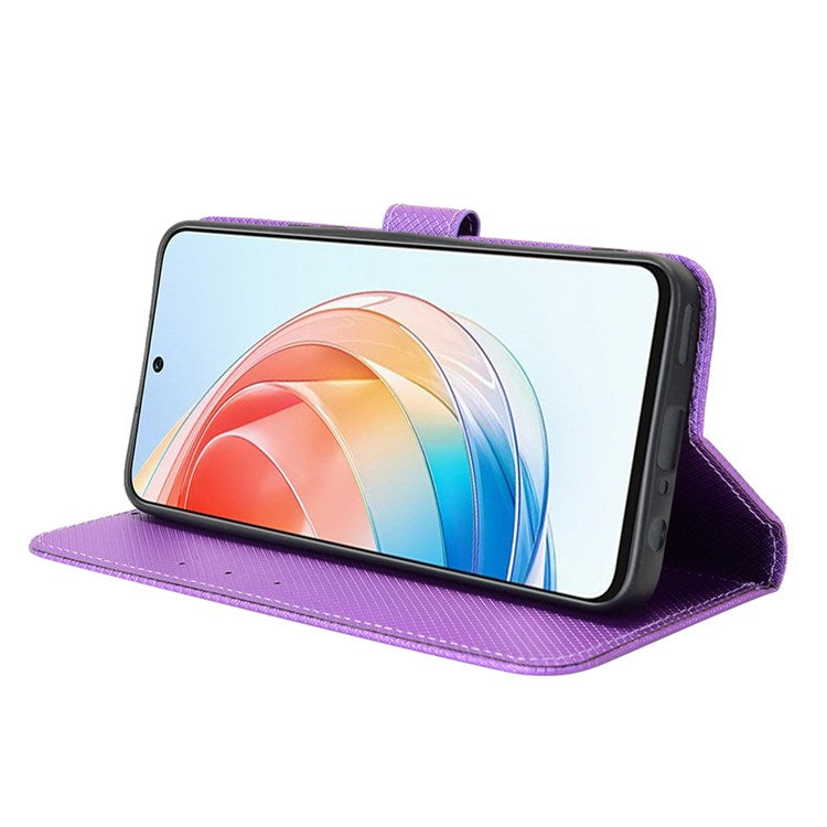 For Honor X40i 5G / Play7T Pro 5G Drop-proof Phone Flip Wallet Case Well-protected Diamond Texture PU Leather Cover Stand Card Holder with Wrist Strap - Purple