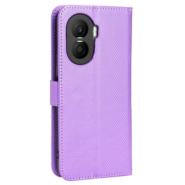 For Honor X40i 5G / Play7T Pro 5G Drop-proof Phone Flip Wallet Case Well-protected Diamond Texture PU Leather Cover Stand Card Holder with Wrist Strap - Purple