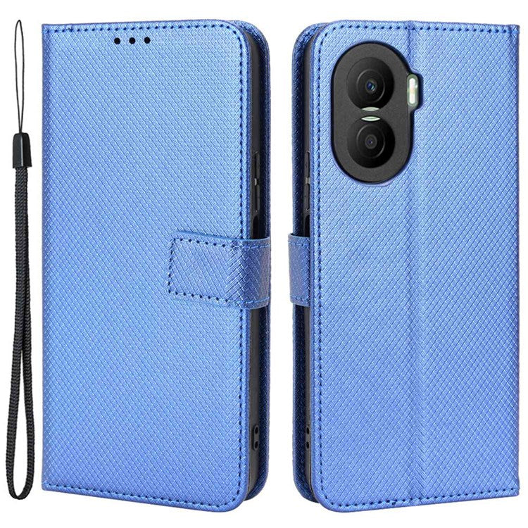 For Honor X40i 5G / Play7T Pro 5G Drop-proof Phone Flip Wallet Case Well-protected Diamond Texture PU Leather Cover Stand Card Holder with Wrist Strap - Blue