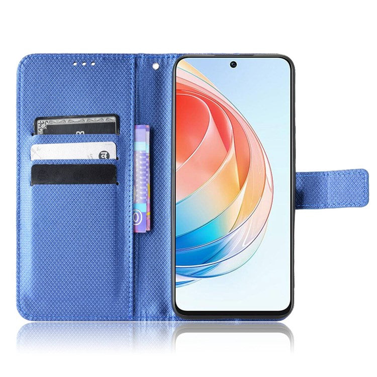 For Honor X40i 5G / Play7T Pro 5G Drop-proof Phone Flip Wallet Case Well-protected Diamond Texture PU Leather Cover Stand Card Holder with Wrist Strap - Blue