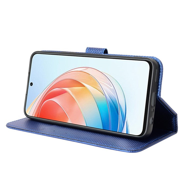 For Honor X40i 5G / Play7T Pro 5G Drop-proof Phone Flip Wallet Case Well-protected Diamond Texture PU Leather Cover Stand Card Holder with Wrist Strap - Blue
