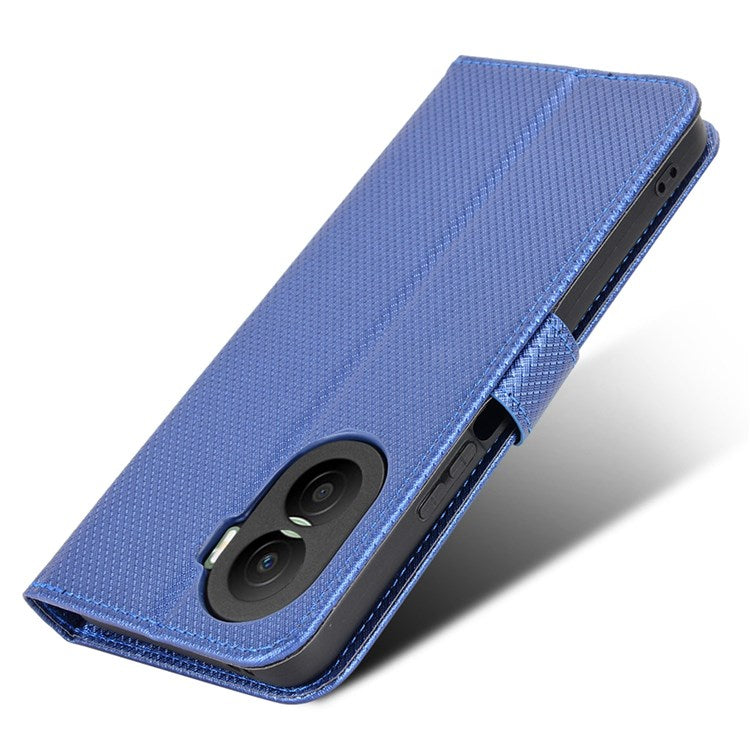 For Honor X40i 5G / Play7T Pro 5G Drop-proof Phone Flip Wallet Case Well-protected Diamond Texture PU Leather Cover Stand Card Holder with Wrist Strap - Blue