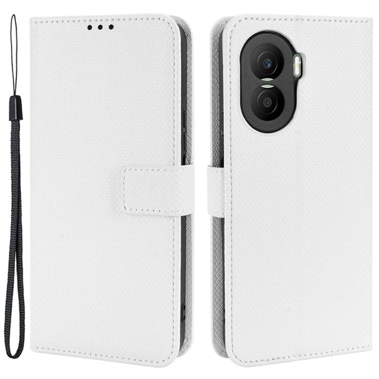 For Honor X40i 5G / Play7T Pro 5G Drop-proof Phone Flip Wallet Case Well-protected Diamond Texture PU Leather Cover Stand Card Holder with Wrist Strap - White