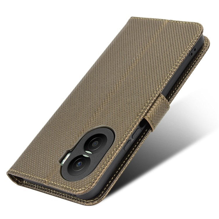 For Honor X40i 5G / Play7T Pro 5G Drop-proof Phone Flip Wallet Case Well-protected Diamond Texture PU Leather Cover Stand Card Holder with Wrist Strap - Brown