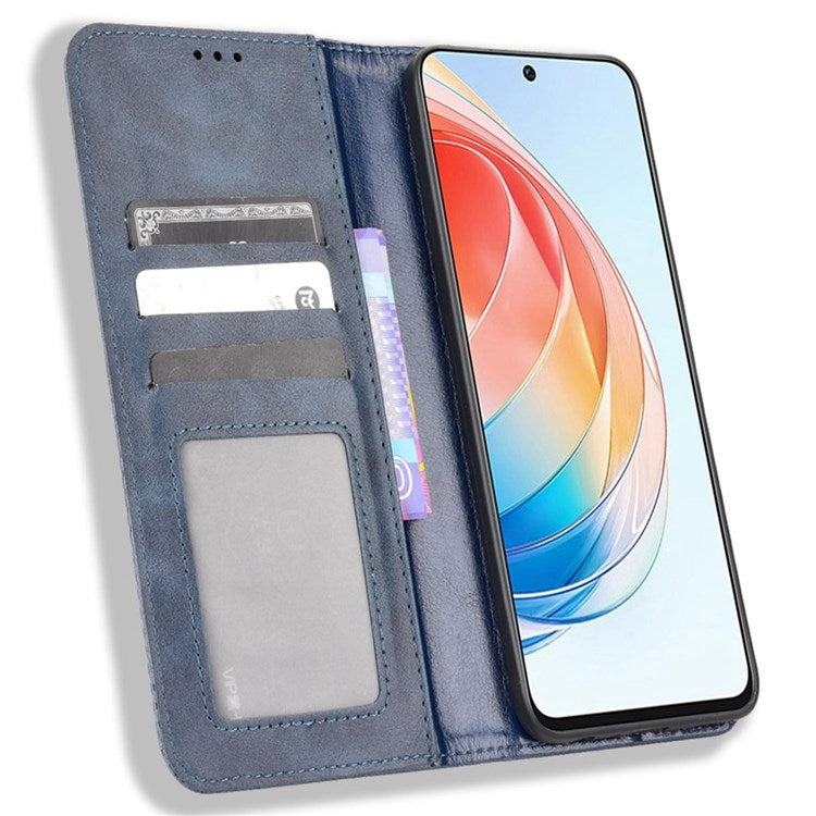 For Honor X40i 5G / Play7T Pro 5G Auto Closing Magnetic Folio Flip Retro PU Leather Wallet Case Stand Function Phone Shell Cover - Blue