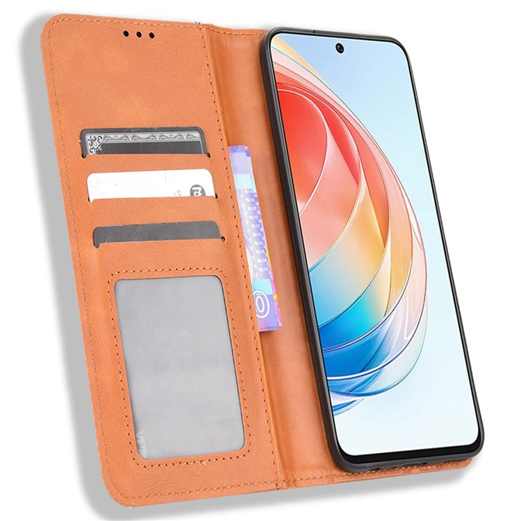 For Honor X40i 5G / Play7T Pro 5G Auto Closing Magnetic Folio Flip Retro PU Leather Wallet Case Stand Function Phone Shell Cover - Brown
