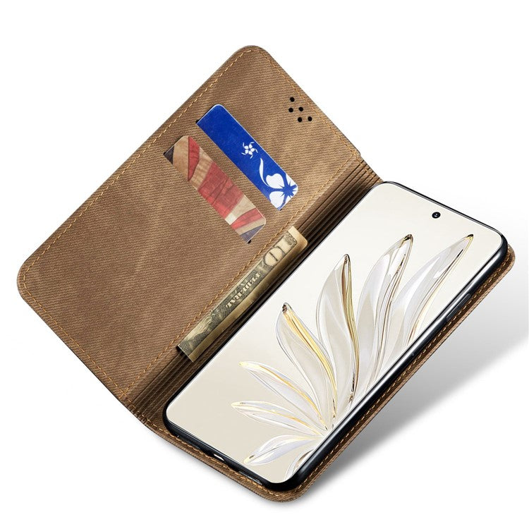 For Honor 70 5G Shockproof Phone Case Jeans Cloth Texture PU Leather Auto Magnetic Closed Flip Wallet Stand Cover - Khaki