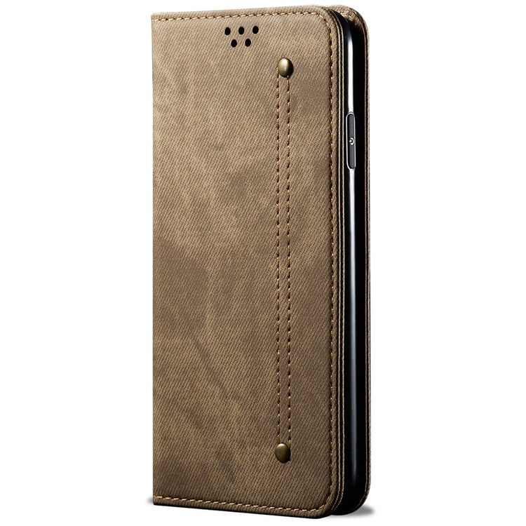 For Honor 70 5G Shockproof Phone Case Jeans Cloth Texture PU Leather Auto Magnetic Closed Flip Wallet Stand Cover - Khaki